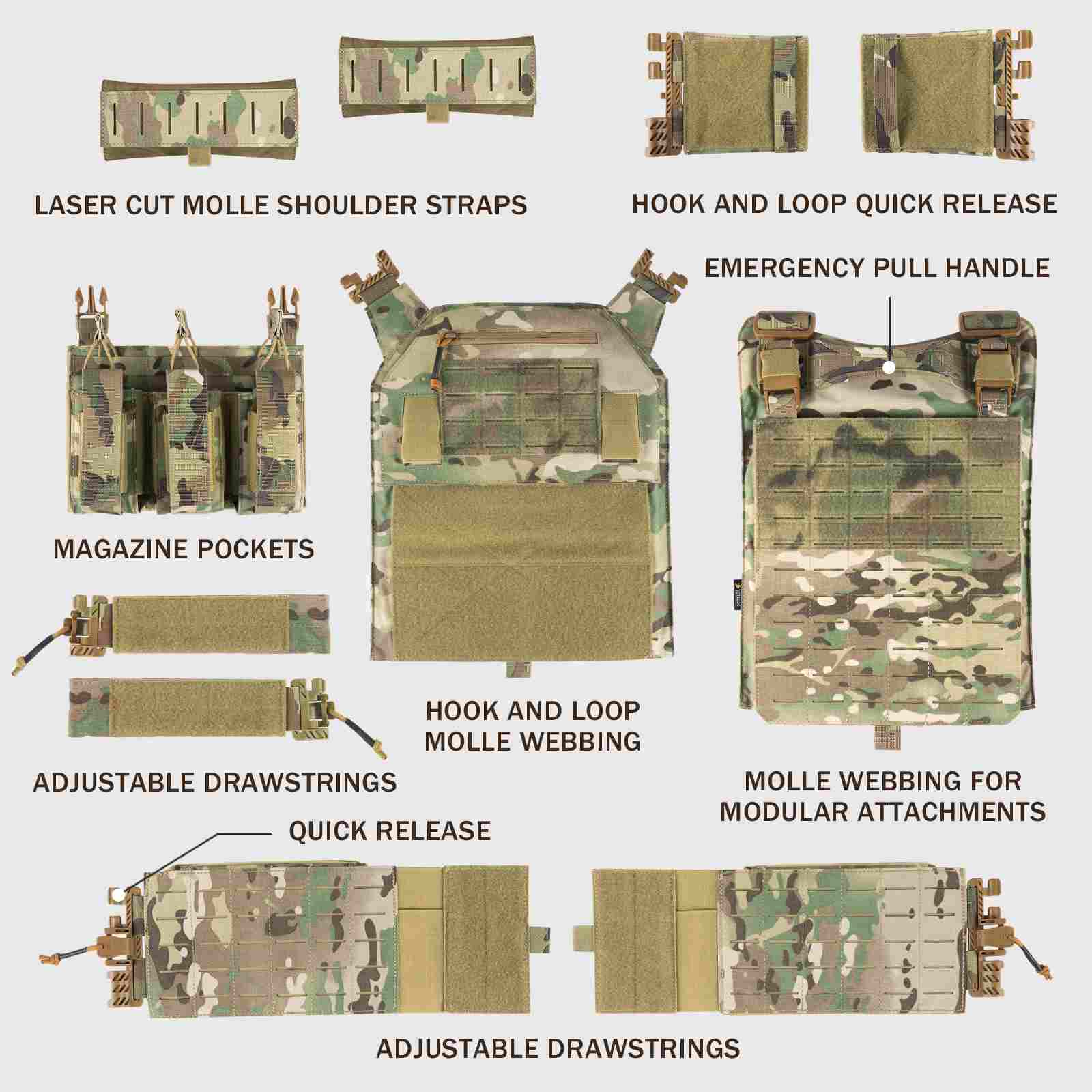 Votagoo 601 Laser Cut Molle Vest Adjustable Plate Carrier Tactical Military Vest