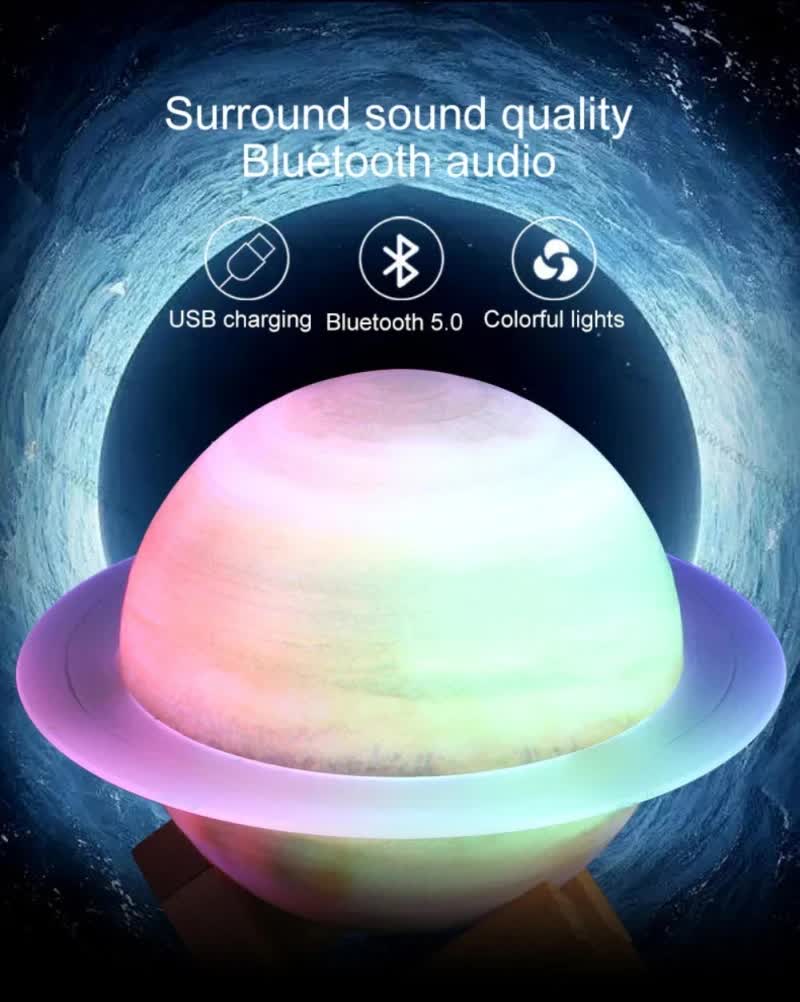 NNEDSZ Yellow 3D Saturn Ring Bluetooth Speaker with Adjustable LED Lights, HiFi Bass, USB Charging, and Immersive Sound for Home and Desktop Use